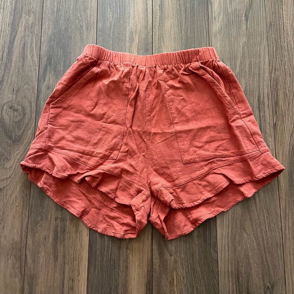 HUUSA Women's Orange Rust Ruffle Shorts with Pockets, Small - Picture 10 of 10